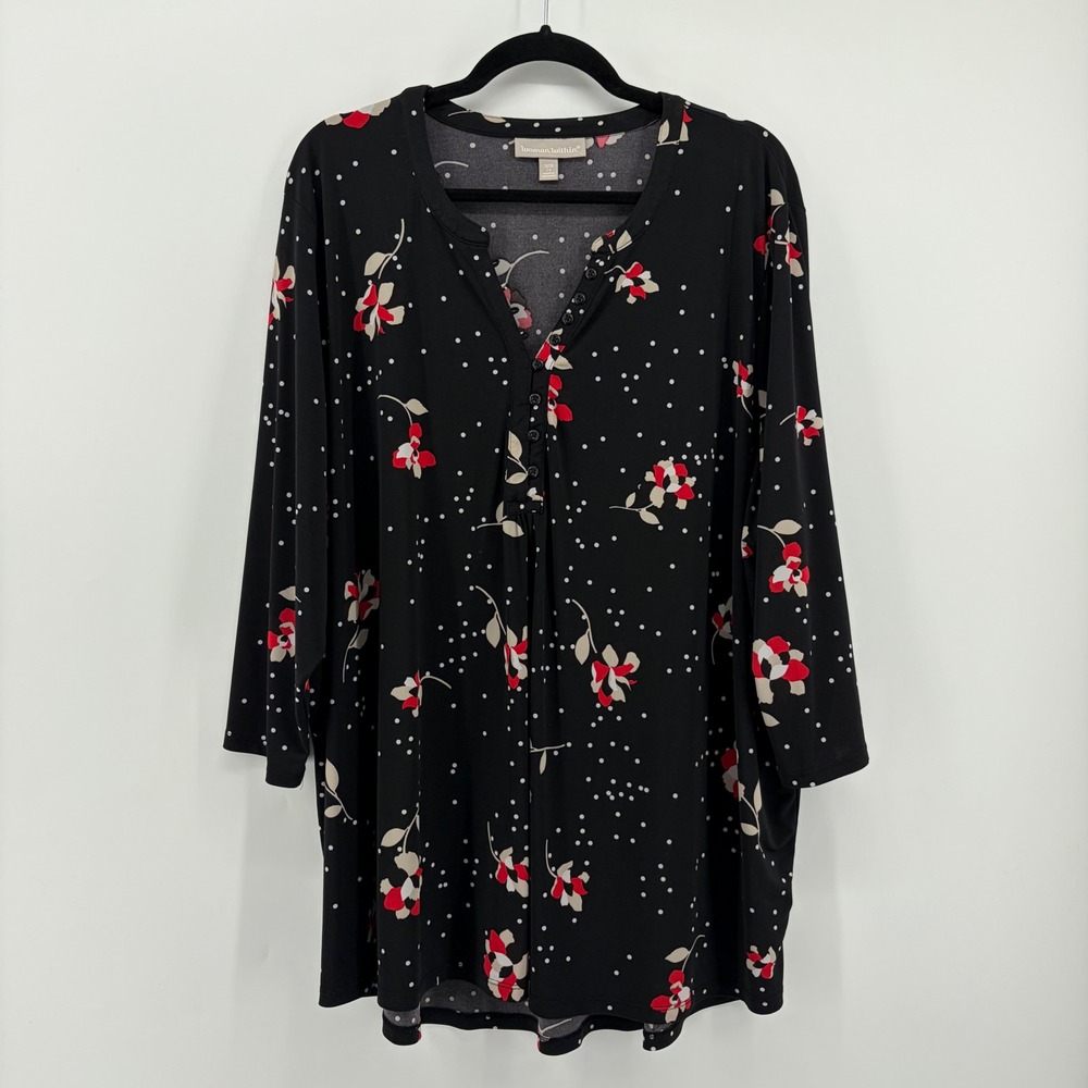Woman Within Plus Size 2X Black Floral Dot Print V Neck Button Front Tunic Top